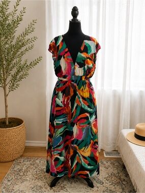 V-Neck Multicolor Abstract Maxi Dress